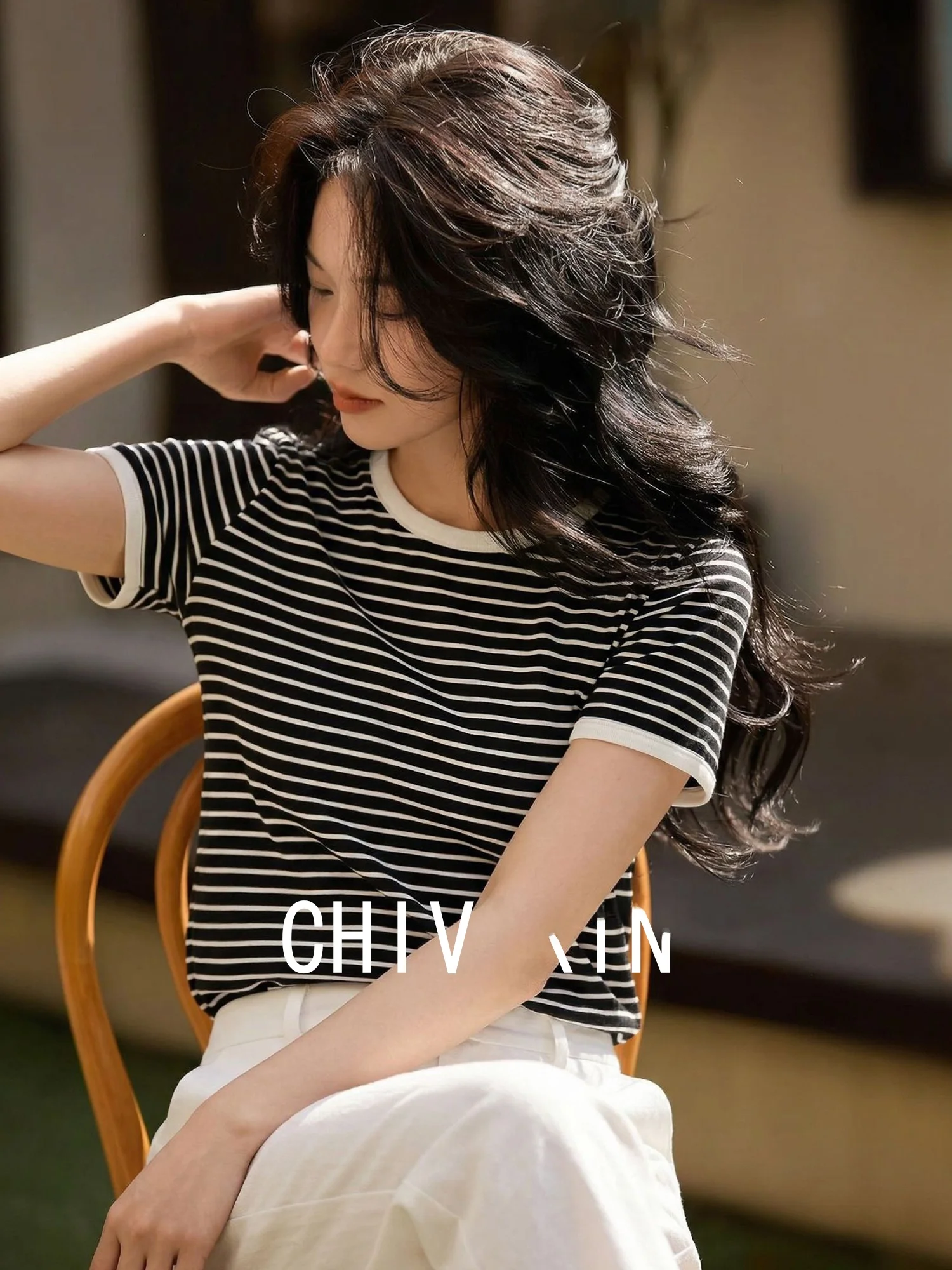 

Летняя приталенная футболка Chivirin с круглым вырезом и короткими рукавами в полоску, женская повседневная свободная универсальная модная футболка из смесового хлопка