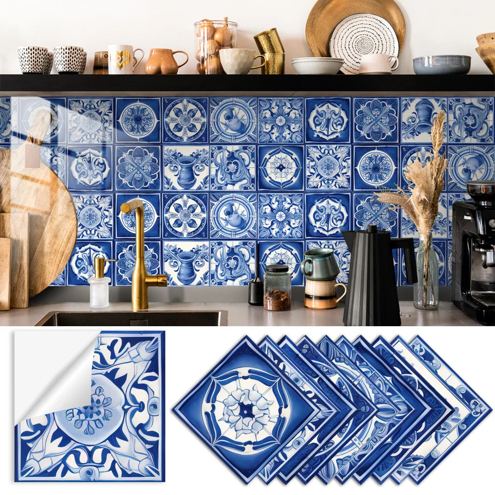 20pcs/set blue waterproof splash board wall tile sticker, suitable for kitchen and bathroom,The kitchen is peeling and sticking