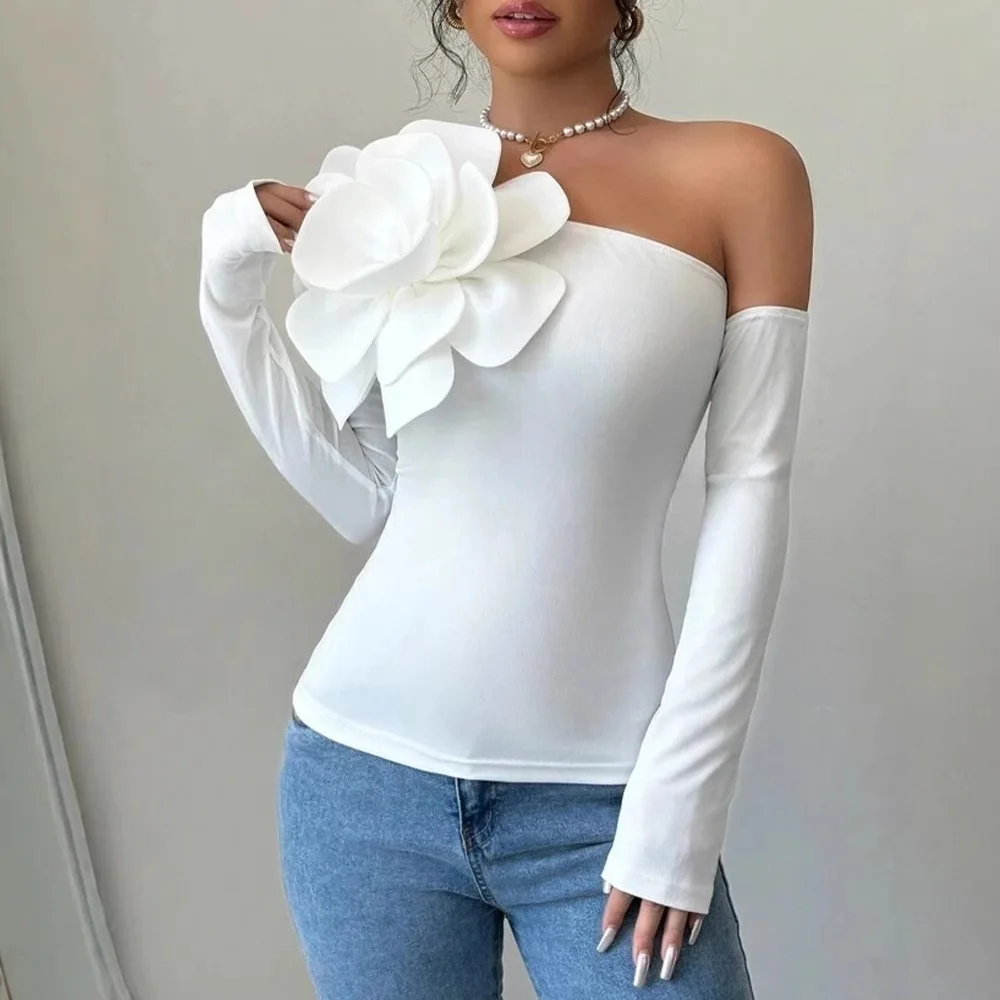 Dameskleding Nieuwe driedimensionale bloemdecoratie Off-shoulder topblouse met lange mouwen T-shirts