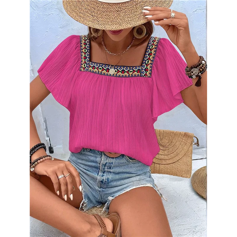 【Party-Decoration】Mexican Shirts For Women Boho Embroidered Short Butterfly Sleeve Square Neck Loose Blouses Tees