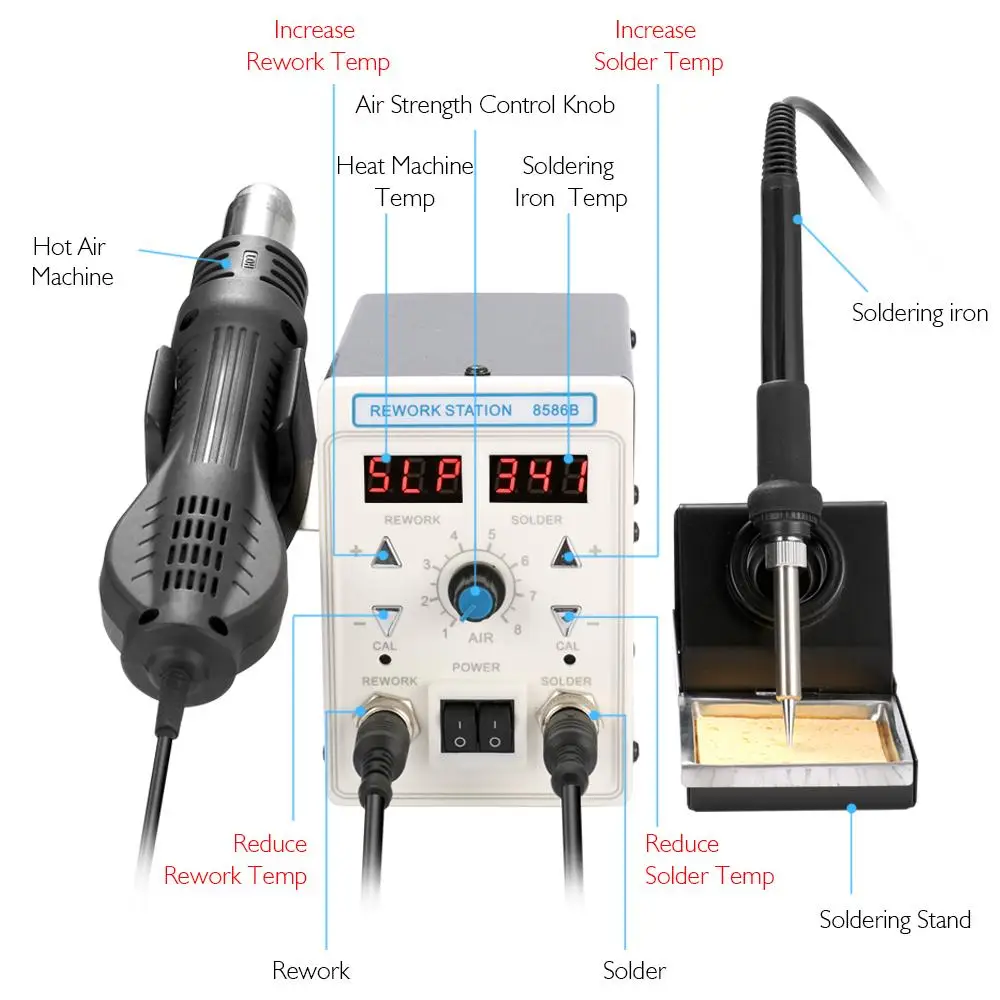 EU/UK Plug 220V750W Dual-digital Display Hot Air Gun and Soldering Iron 2 in 1 ESD 8586B Rework Station