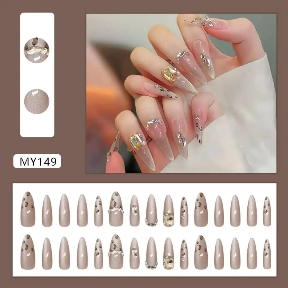 30pcs Long Almond Stiletto False Nails French Cat Eye Silver Wavy Fake Nails Purple Love Heart Detachable French Nail Tips DIY