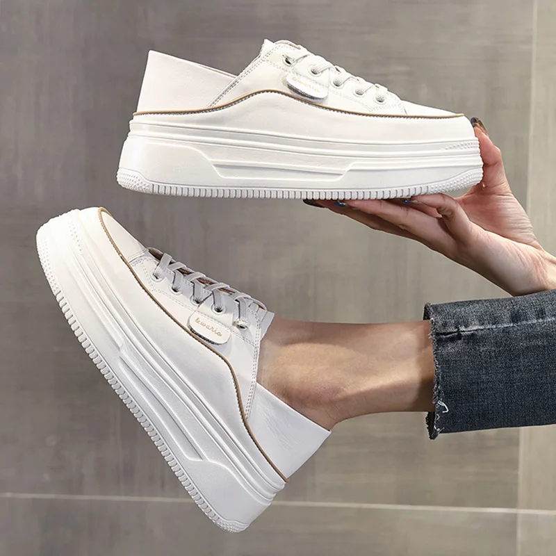 

Women Vulcanized Shoes Spring Leather Thick Sole Flat Bottom Versatile Breathable Fashionable High End Design Shoes