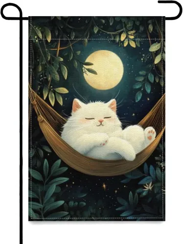 Cute Cat on Hammock Under Full Moon Garden Flag Double Sided, 12x18 Inch XXQ