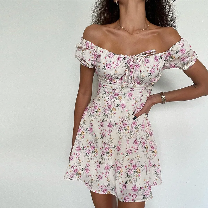 

Fashion Women Summer Slim Sexy Lace-up Dress Floral Puff Short Sleeve Mini Dress Female Holiday Beach Dresses Vestidos