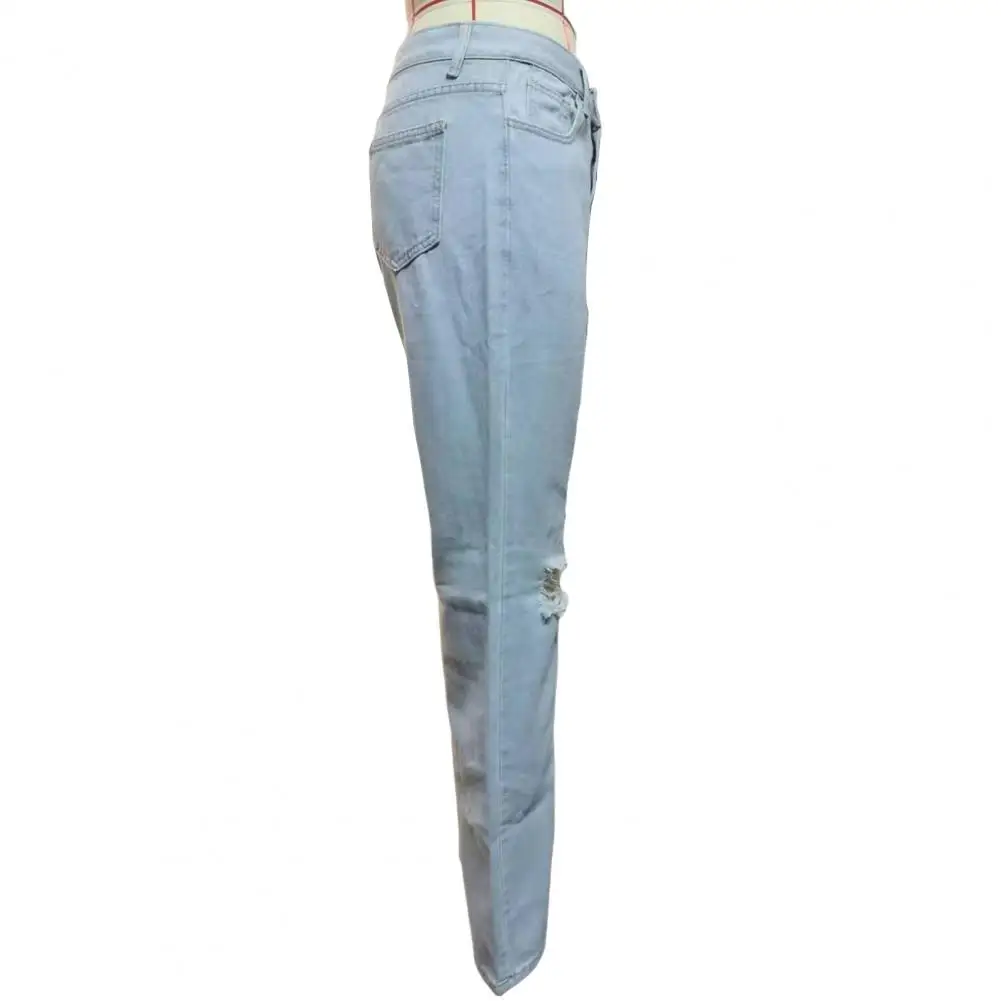 

Lady Trousers Stylish Women's High Waist Wide Leg Denim Pants with Ripped Holes Button Closure Pockets for Commute Dating