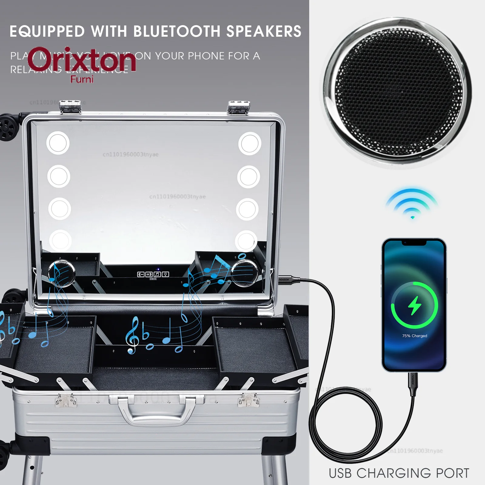24'' Rolling Makeup Case With Full Screen Lighted Mirror Bluetooth Speaker Aluminum Barber Trolley Case Hair Salon Station