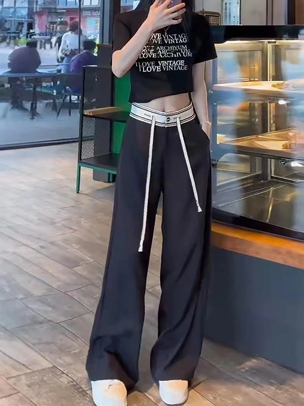 2025年夏 ハイウエスト ワイドレッグパンツ レディース カジュアル ルーズフィット ストレート マキシ丈パンツ 多機能 カジュアルパンツ