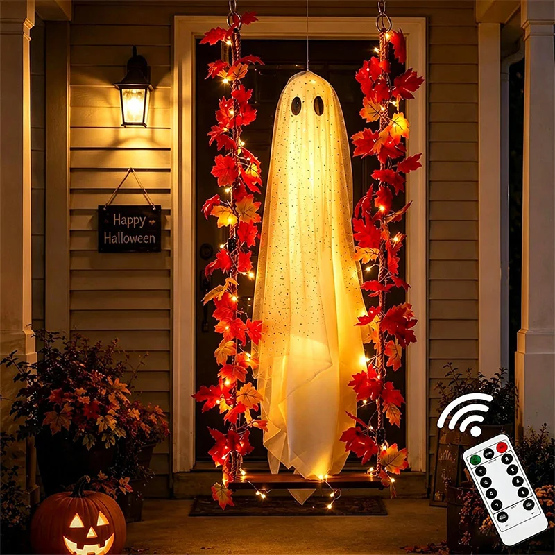 Halloween Large Cute Ghost Swing With Shining Light Maple Leaves Hanging Decor Spooky Front Porch Yard Garden Outdoor Ornament