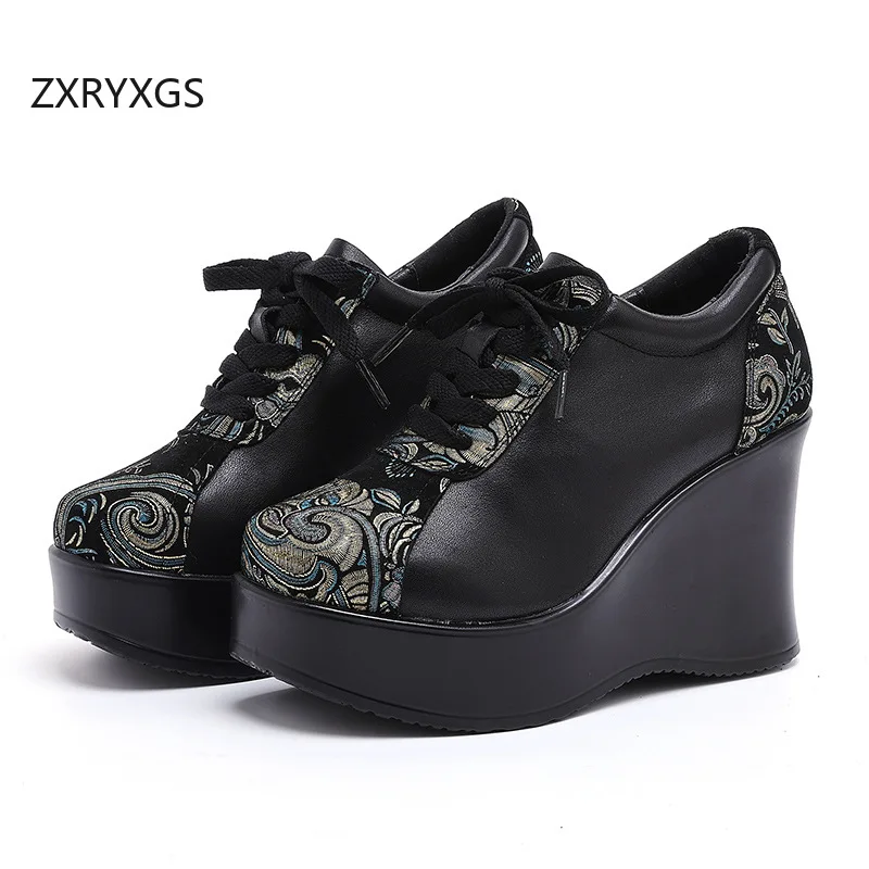 

ZXRYXGS First Layer Cowhide Printing Lace-up Women Fashion Shoes Wedges Thick Sole Ultra High Heels 2025 New Autumn Trendy Pumps