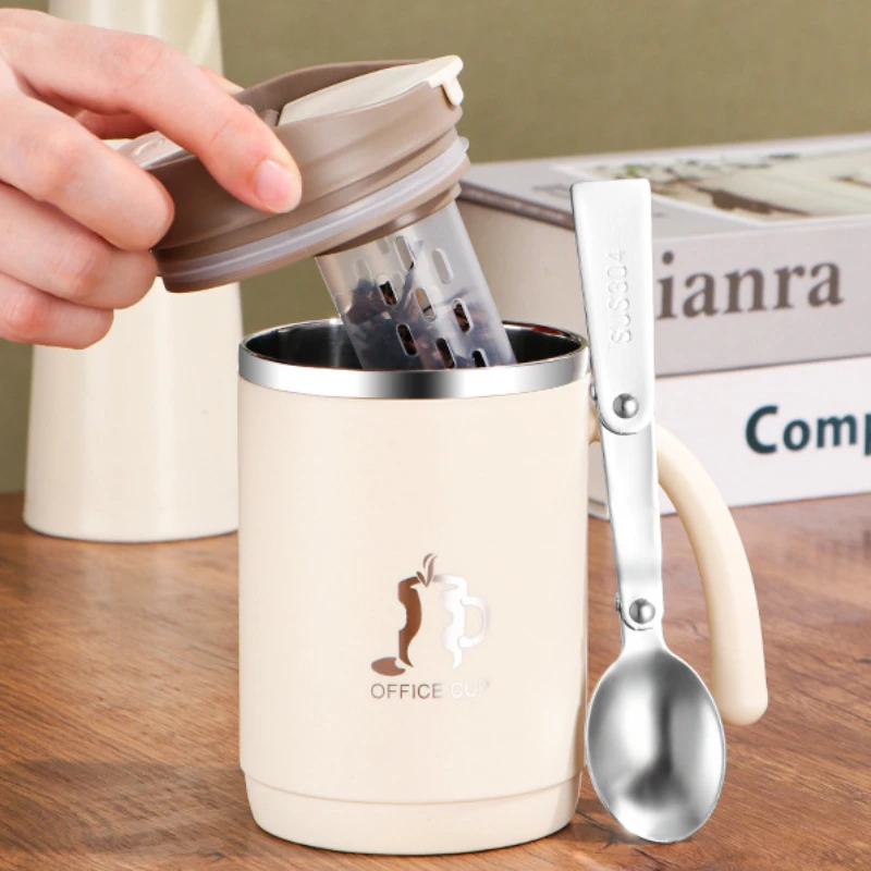 

Wholesale 304 Stainless Steel Drinking Cup with Tea Leak Mug Will Carry Folding Spoon Mugs Coffee Cups Water Bottles