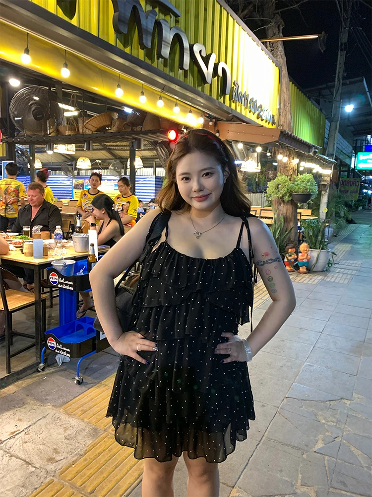 

Sweet Ruffle Trimmed Cake Sle Dr Women's plus Size Spring New Sle V-Ne Svel A-Line Dr Casual Polyester Fiber