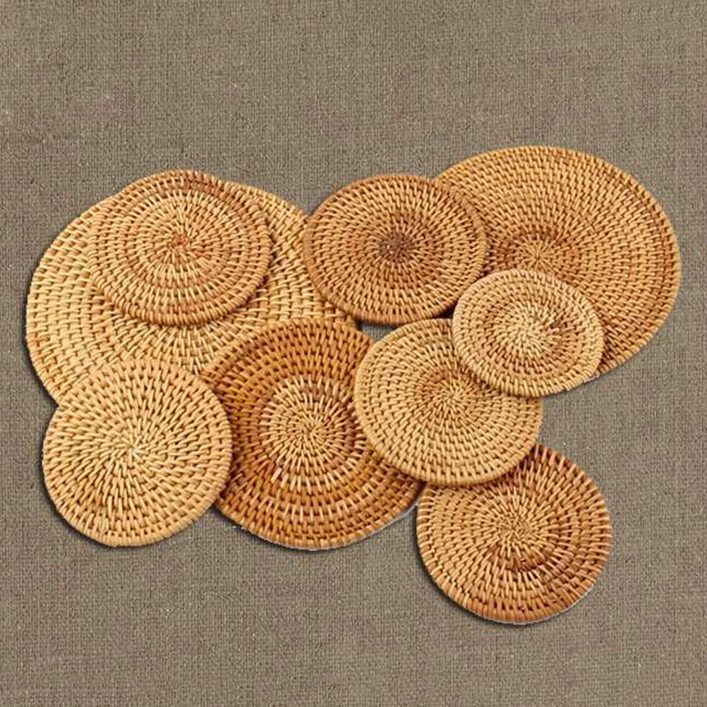 

Round Rattan Coasters Insulated Heat Resistant Cup Mats Non Slip Waterproof Protective Table Pad Ideal Kitchen Dining Home Decor