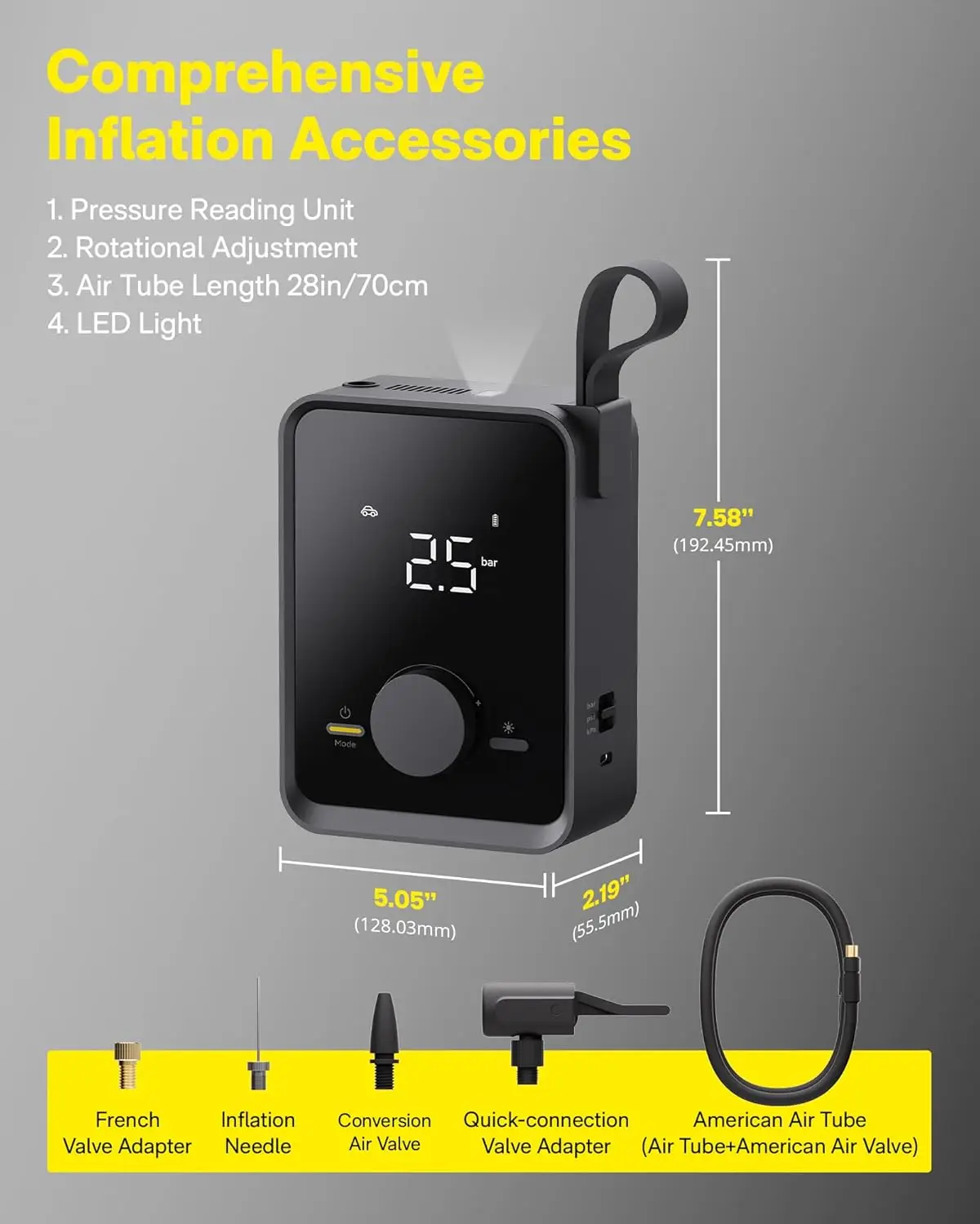 Portable Electric Air Pump with Digital Gauge, 120PSI for Car Motorcycle Bike Ball, Cordless Fast Inflation