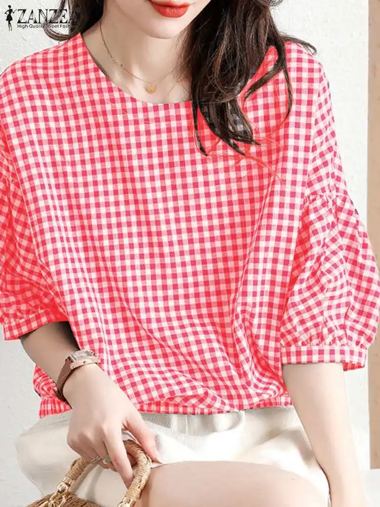 ZANZEA Fashion Summer O Neck Half Sleeve Blouse Women Plaid Checked Tops Casual Loose Holiday Shirt Female Party Blusas Mujer