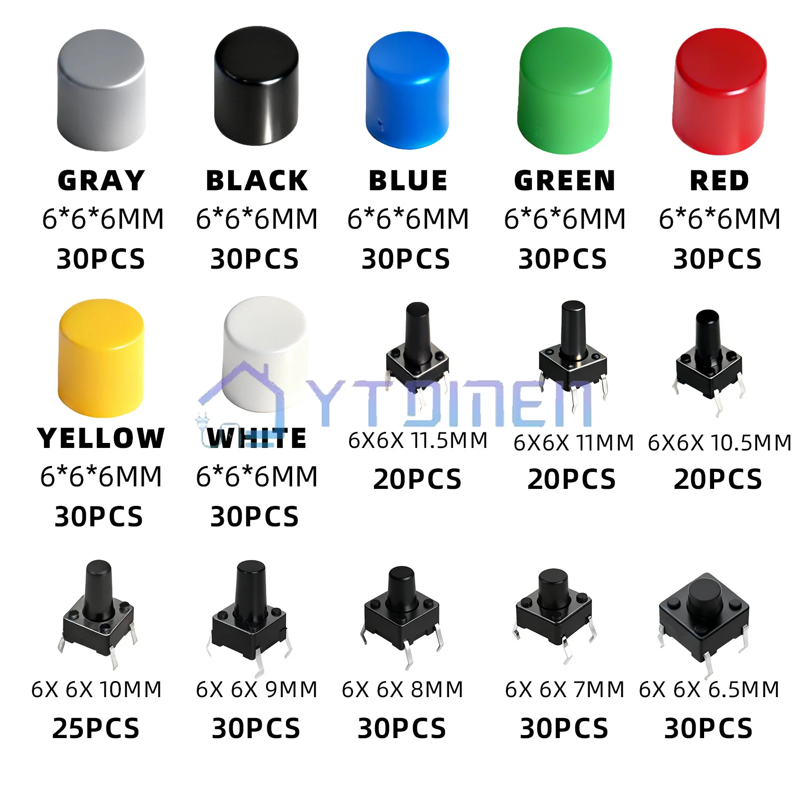 420PCS 6x6mm Tactile Push Button Switch with Hat Switch Button Cap for DIP 6x6x6.5/7/8/9/11mm Switches DIY Kit - view 2