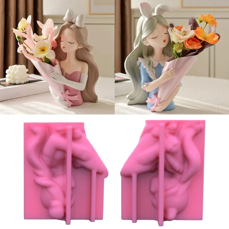 Flower Pot Silicone Mold Vase Epoxy Resin Mold Girl Holding Flowers Succulent Planter Pot Pen Holder Making Mold Crafts R3MC