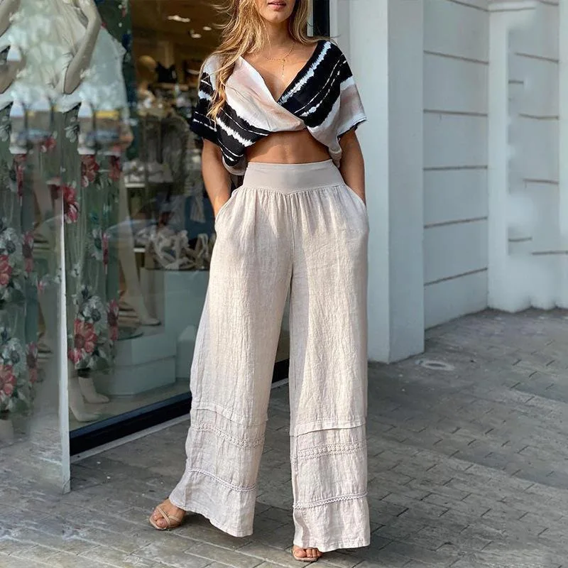 

2 Piece Sets Women Outfit Summer Fashion Tie Dye Print V-neck Short Sleeved Twisted Crop Top & High Waist Wide Leg Pants Set