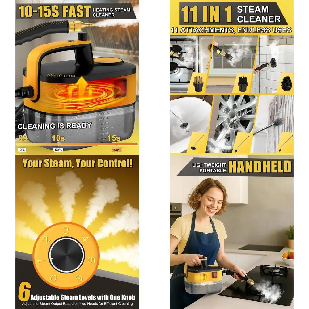 

Мощный портативный пароочиститель, бак 1,2 л, 6 уровней давления, 11 аксессуаров для дома, плитки, полов, автомобилей