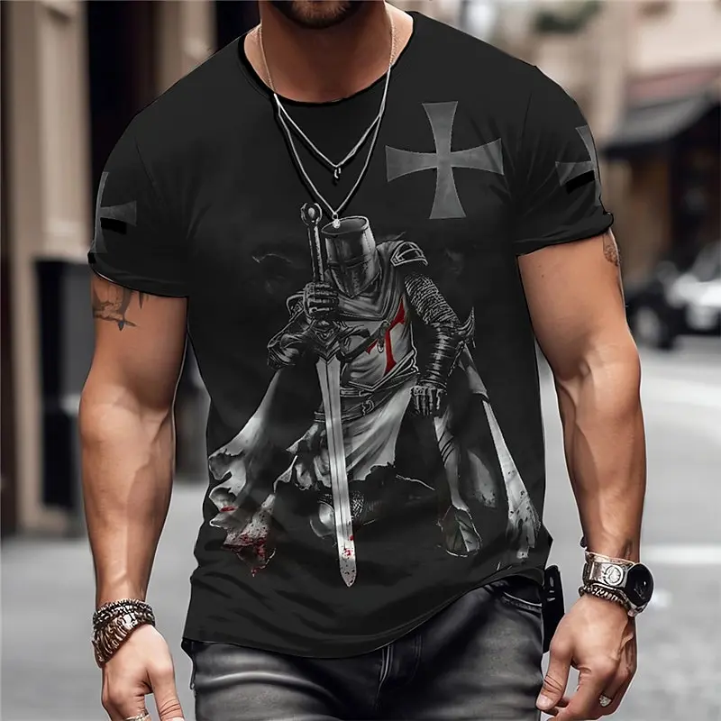 Fashion 3D The Crusades Print T Shirt For Men Templar Knight Pattern Short Sleeve Tops Summer Vintage Clothes Casual O-neck Tees