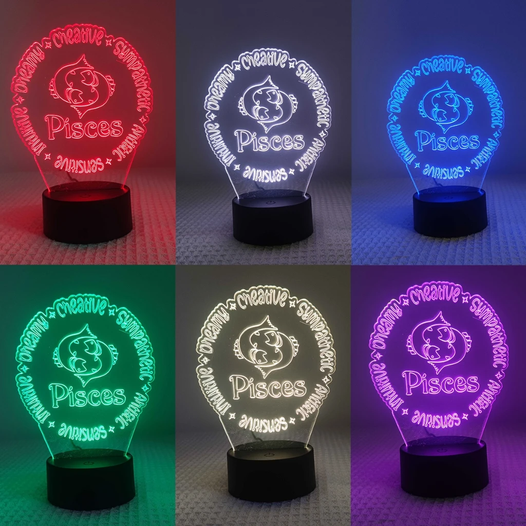 Personalizável Peixes e 12 Zodiac Acrílico Colorido Night Light, Decoração Home, Birthday Gifts