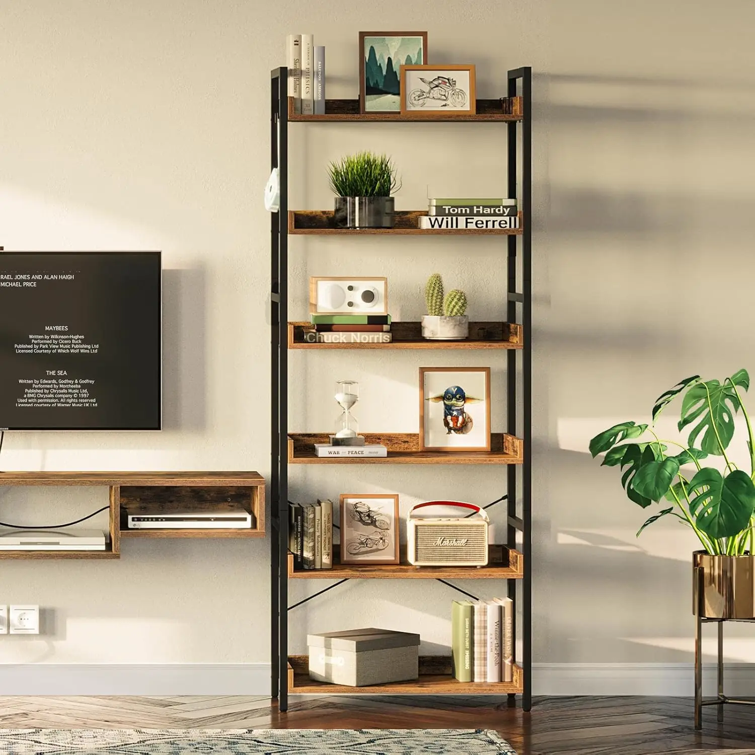 Rolanstar Bookshelf 6 Tier with 4 Hooks, Industrial Bookcase, Vintage Storage Rack with Open Shelves, Rustic Standing