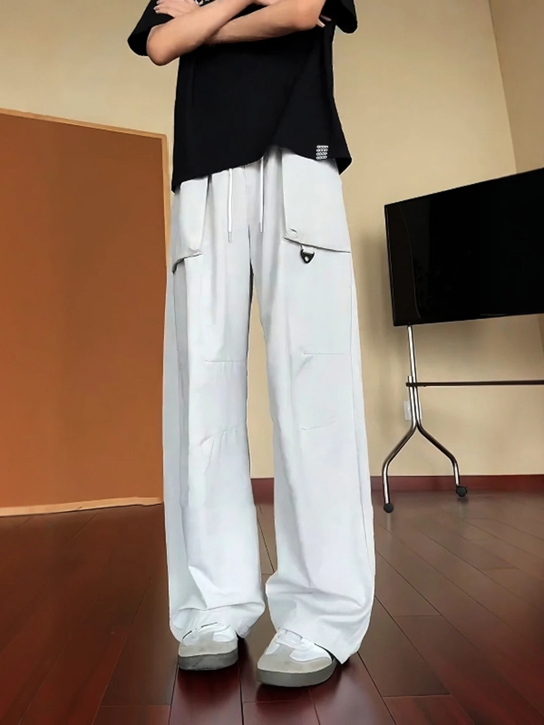 

Lightweight Summer Men's Work Pants American High Street Paratrooper Qui Dry Ice Silk Loose Fit Straight Leg Casual Trousers