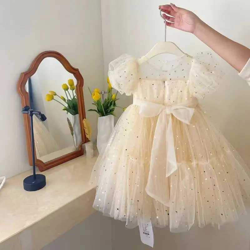 Summer Trendy Bubble Sleeves Fluffy Gauze Exuding Princess Style Kids Dreamy Wedding Flower Girl Gown 2025 New Girls Dress