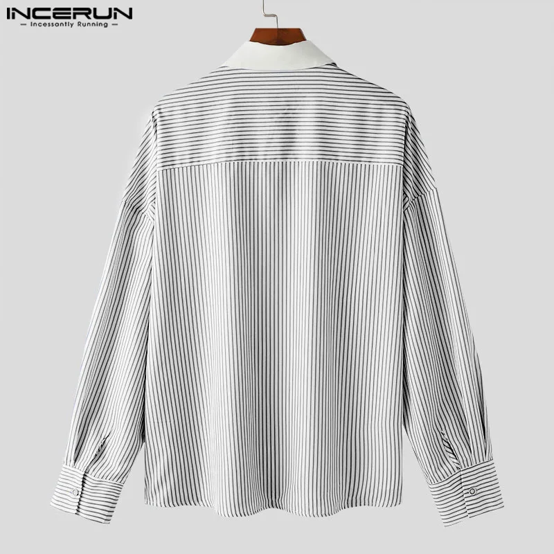 INCERUN Men Shirt Striped Patchwork Lapel Long Sleeve Streetwear Men Clothing 2024 Korean Style Fashion Casual Male Shirts S-5XL