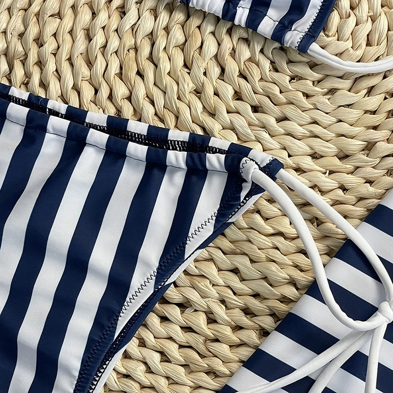 OIINAA Striped Swimsuit Women Neck-mounted Lace Up Split Swimsuit Korean Sexy Thongs Summer 2025 New Chic Cover-Ups Wrap Skirt