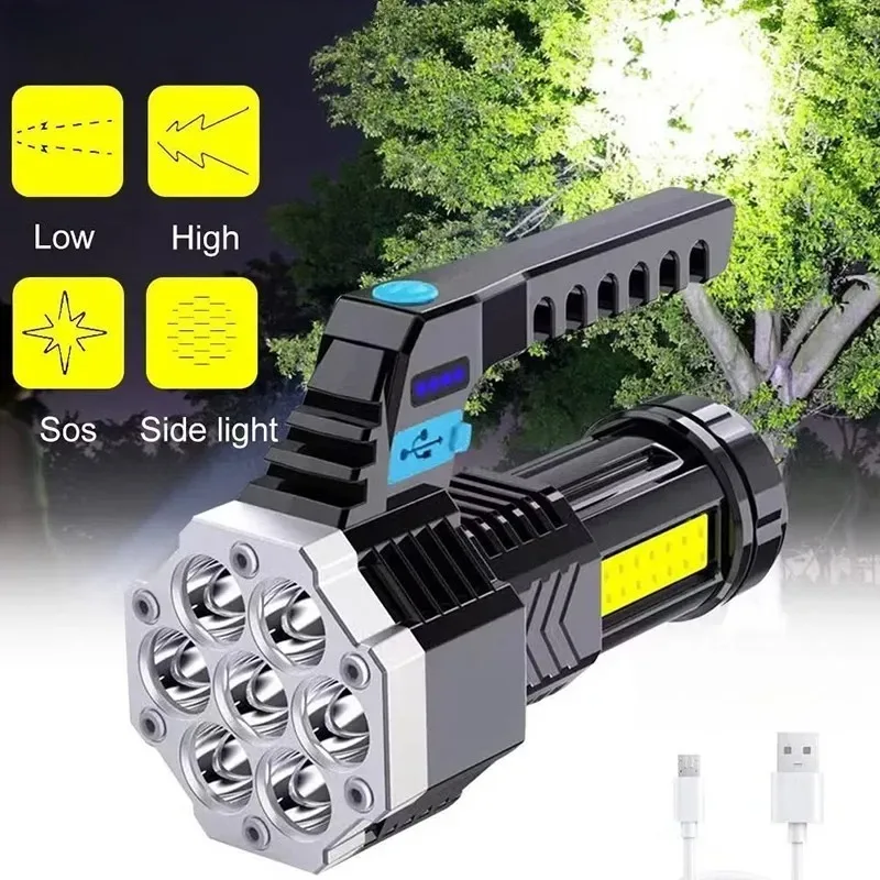 High Power Rechargeable Led Flashlights 7LED Camping Torch With Cob Side Light Lightweight Outdoor Lighting ABS Material