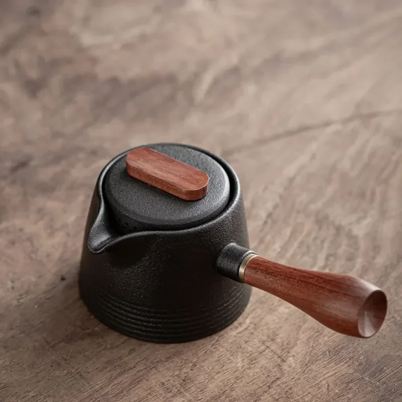 

330ML Handmade Ceramic Tea Pot Chinese Teapot Vintage Ebony Wood Handle Minimalist Kung Fu Tea Set Kettle