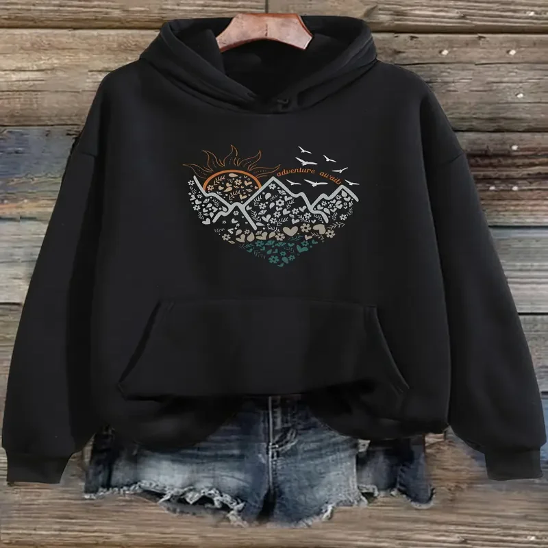 Womens Casual Long Sleeve Hoodie With Kangaroo Pocket Mountain And Sun Print Drawstring Sweatshirt Comfortable Streetwear