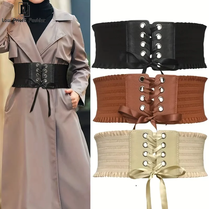 Elegant Ruffles Wide Belts Classic Solid Color Lace Up Waspie Belt Vintage Elastic Waistband Casual Dress Coat Girdle For Women