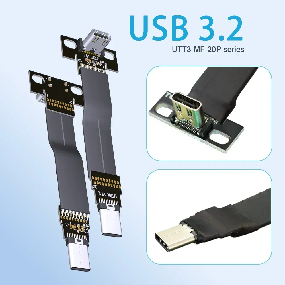 20G USB 3.2 Type C Gen2x2 Flat Ribbon Cable Fold 90 Angle USB C 3.2 Extender OTG Data Charge FPC FPV Aerial Photography Cord 20P