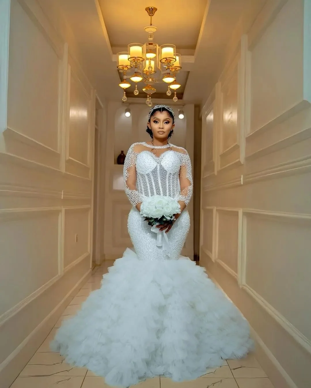 

Свадебное платье русалки больших размеров по индивидуальному заказу, свадебные платья для невесты, прозрачное иллюзионное свадебное платье с длинными рукавами, расшитое бисером и жемчугом