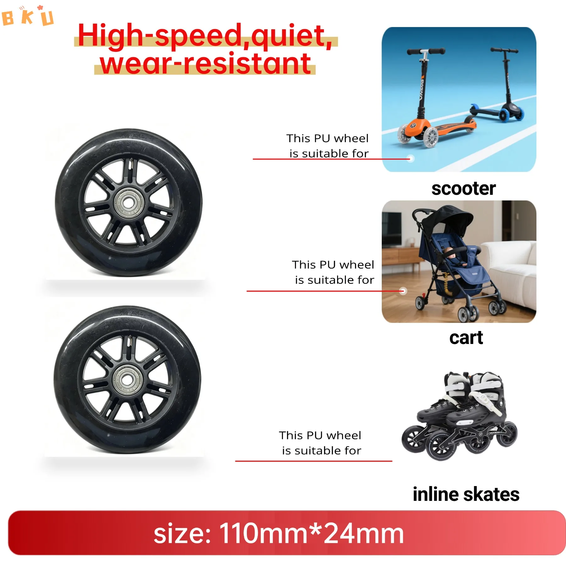 2 peças rodas de substituição de 110mm de diâmetro para patins inline grandes três rodas carrinhos e scooters