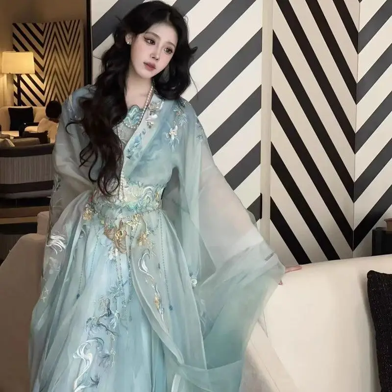 2026 جديد الصيف نمط كول Qingqiu الثقيلة التطريز طويلة الأكمام قميص الخصر طول تنورة تحسين الدول المتحاربة Hanfu للنساء