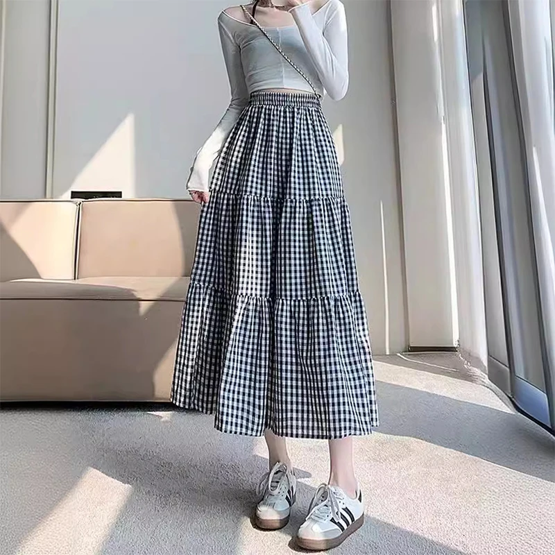 

Summer 2024 New Plaid Big Swing Skirt Umbrella Skirt Casual Skirt For Women