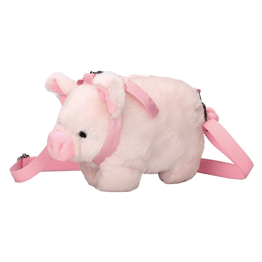 Kawaii Women Handbag Cute Pink Pig Soft Plush Shoulder Tote Bag Animal Lovely Ribbons Zipper Satchel Pouch for Student Kids