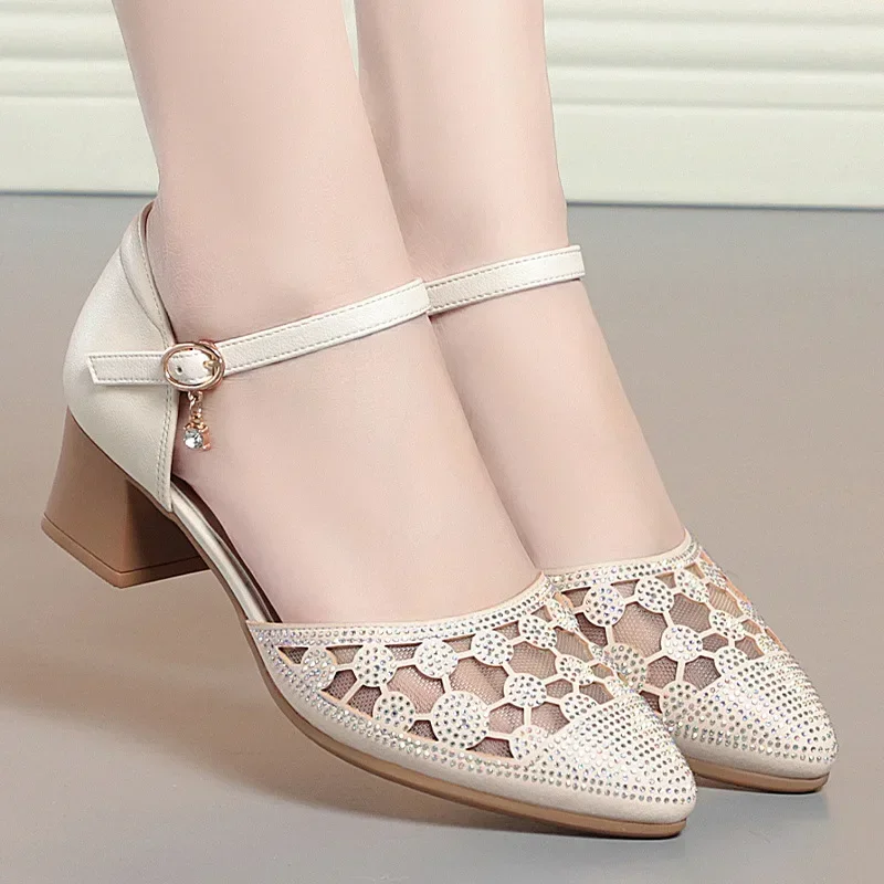4.5cm Breathable Close Head Rhinestone Mesh Leather Shoes Summer 2026 Med Block Heels Sandals Women for Office Mom Dance