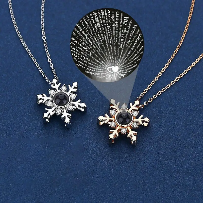 Zircon Snowflake Necklace With 100 Languages I Love You Projection Pendant For Girlfriend Mom 2024 New In Festival Romantic Gift