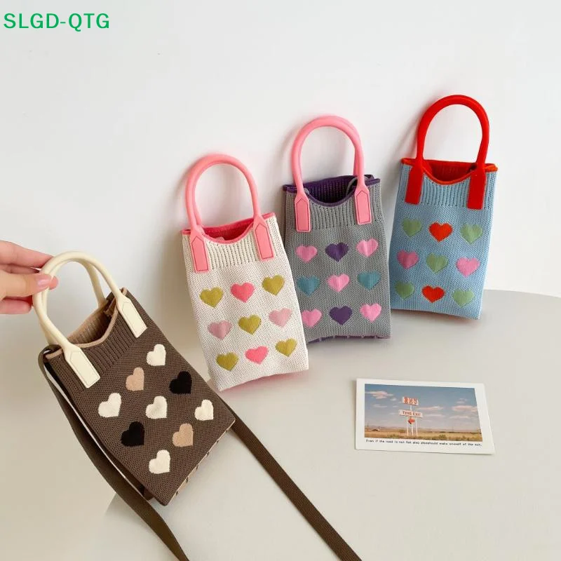NEW Korean Fashion Heart Knitted Mini Square Bag Shoulder Bags For Women Cute Small Mobile Phone Outdoor Crossbody Bags