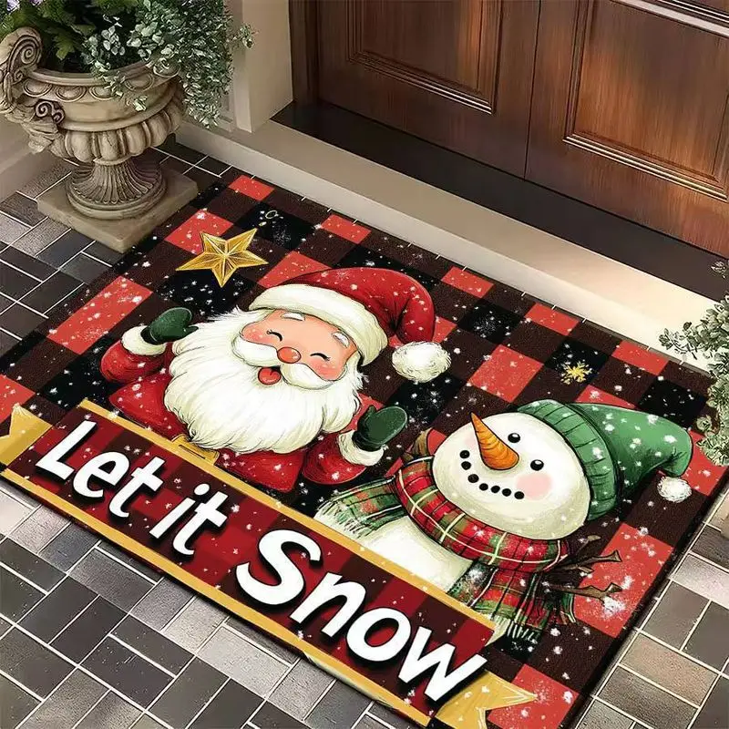 VIKAMA Christmas Santa Snowman Doormat Buffalo Plaid Non Slip Washable Mat For Entryway Porch Kitchen Holiday Decor