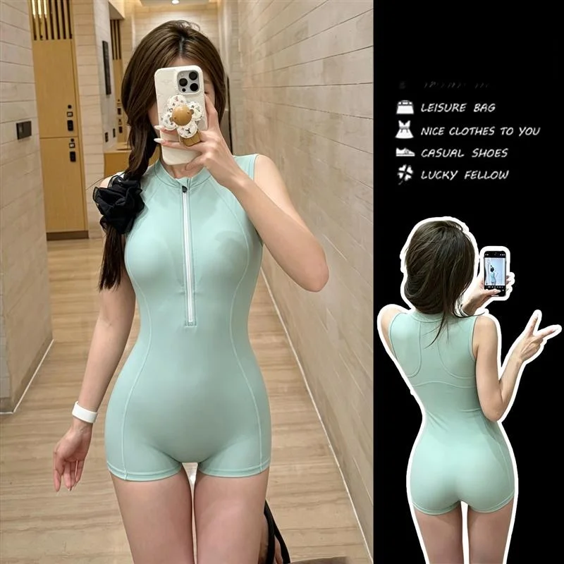 Conservative Women's One-Piece Swimsuit Speed Training Thermal Simple Slimming Zipper High Elasticity Long Sleeve Running Spo...