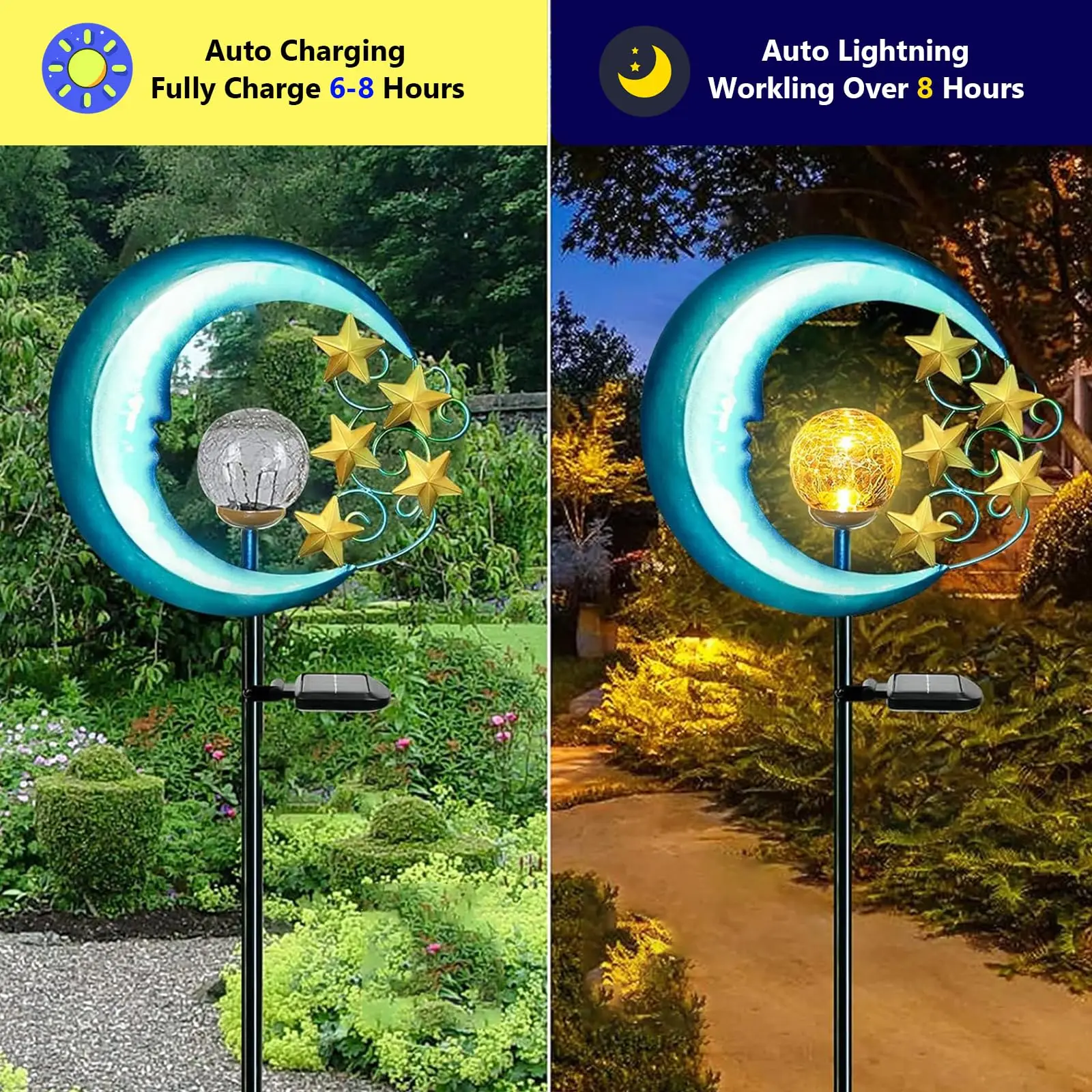 Solar Garden Lights Outdoor Waterproof Metal Moon Stake Lights with Crackle Glass Globe Landscape Lighting for Yard Patio Decor