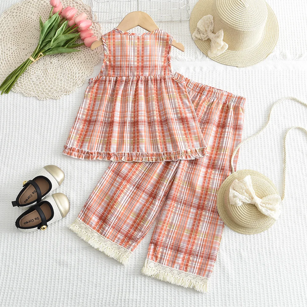 Orange Checkered Casual Suit Round Neck Sleeveless Vest+tassel Pants Two-piece Set Summer Promotion