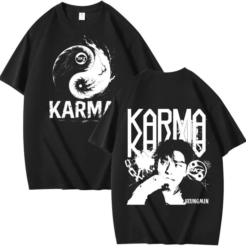 تي شيرت KPOP The 4th Album KARMA كبير الحجم تي شيرت FELIX BANGCHAN CHANGBIN HYUNJIN SEUNGMIN LEE KNOW K-POP تي شيرت جرافيك بأكمام قصيرة