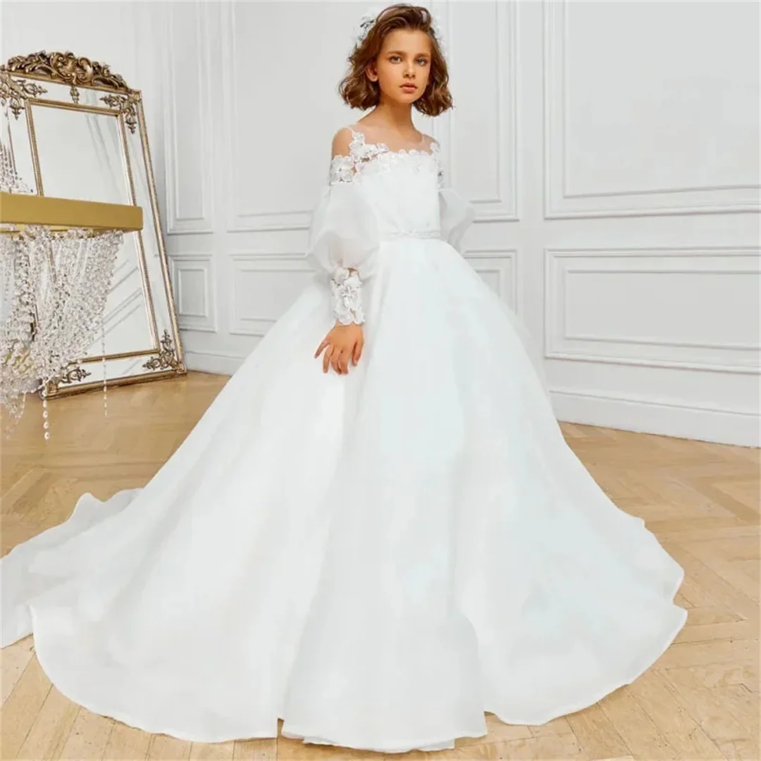 Vestidos de comunión personalizados con lazo de manga larga para boda, cumpleaños, noche, banquete, vestidos de flores santa para niña, flores blancas
