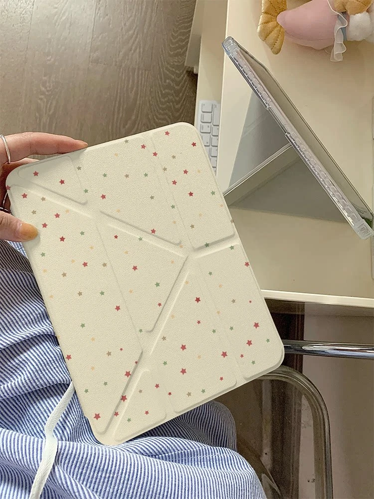 Cute Colorful Star Yellow Girl Y-Fold Tablet Case For iPad Pro 11 12.9 13 A16 M2 M4 M3 M5 5/6/7/8/9/10/11th Mini Air 3 4 5 Cover